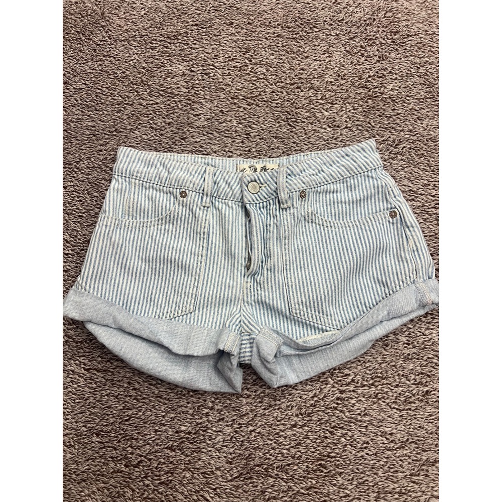 Free People We The Free 24 Hickory Railroad Stripe Denim Shorts Cuffed